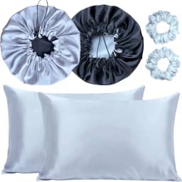 Kit 2 Fronha De Cetim Seda + 2 Toucas + 2 Xuxinhas (Prata/Preto)