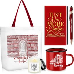Jetec Conjunto de 5 presentes para amantes de livros de Natal para leitores, inclui sacola de lona, diário, caderno com caneta esferográfica, caneca esmaltada, vela perfumada para adolescentes