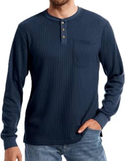 Camisetas masculinas Henley manga curta botão waffle com bolso