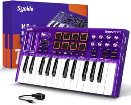 Synido Controlador de teclado MIDI USB C com 25 teclas com 8 pads de bateria retroiluminados, tela OLED, mini teclado MIDI portátil para produção musical – roxo, TempoKEY K25