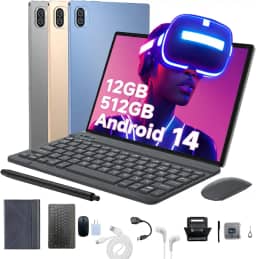 3 em 1 Tablet, com Capa/Teclado/Mouse, 10.1 Polegada, 1920×1200 Tela, 1920x1200 Tela Processador Octa-Core, 12GB RAM+512GB ROM, Câmera de 16MP + 32MP, Android 14, 8000mAh, Versão WiFi (Azul)