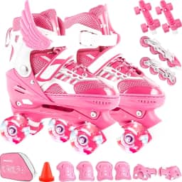 Patins Infantil 2 Em 1 Ajustável Patins 4 Rodas, Patins Quad, Patins Infantil Menina, Ajustável com Bolsa e Kit Proteção, Para meninas, meninos e iniciante