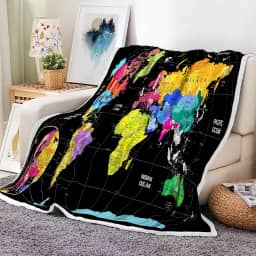 JAWO Cobertor de mapa do mundo, cobertores de países e grandes cidades para adolescentes, crianças, meninos, meninas, mapa do mundo, cobertor para sofá, cama, viagem, acampamento, 127 x 152 cm, preto