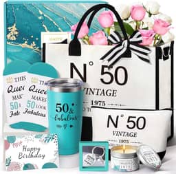 Presentes de aniversário de 50 anos para mulheres, conjunto de presente para mulheres, sacola de lona de 1975, presente de aniversário de 50 anos, cesta para ela virar 50 anos, mãe, esposa, irmã amiga