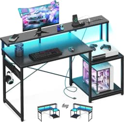 AODK Mesa de computador, mesa de jogos de 121 cm com luzes LED e tomada, mesa de escritório com prateleiras de armazenamento, mesa reversível com prateleira para monitor e gancho para fone de ouvido