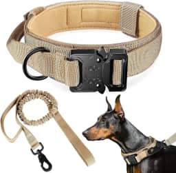 Coleira e guia táticas para cães, coleira de nylon para treinamento ajustável com alça de controle para cães de médio e grande porte para treinamento diário e caminhadas（M/Bege/Com Guia）