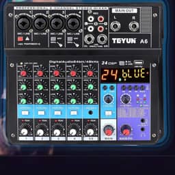 TE-YUN Mesa de Som Profissional 6 Canais | Mixer de Áudio com Bluetooth 5.0, USB, Entrada FX e 48V Phantom Power | Compatível com PC, Microfone, Instrumentos, Estúdio