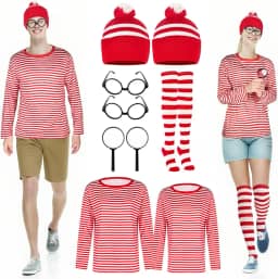 9 peças fantasias de Halloween para casais cosplay camisa listrada vermelha e branca adulto masculino feminino moletom chapéu meia lupa para casal, Halloween, cosplay, festa à fantasia