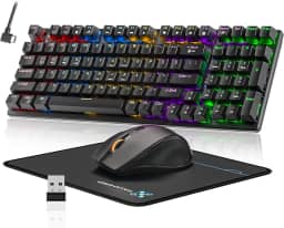 Teclado e mouse para jogos mecânicos sem fio, bateria recarregável de 2000 mAh com retroiluminação arco-íris, mouse para jogos de 3200 DPI com mouse pad, BT5.0/2.4G/USB-C, teclado anti-fantasma de 98