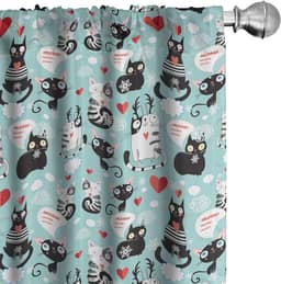 Ambesonne Cortinas de janela para amantes de gatos, preto e branco gatos apaixonados miau impressão entre corações acordados gatinhos orelhas de gato, decoração leve conjunto de 2 painéis com bolso