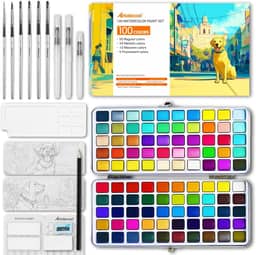 Conjunto de tinta aquarela de 100 cores, cores vivas, incluindo regular, metálico, macaron e fluorescente, portátil com estojo de transporte, pincéis de água, paleta e acessórios, para iniciantes e