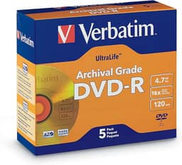 Verbatim DVD-R 4,7 GB 8X UltraLife Gold Archival Grade - Superfície e revestimento rígido da marca - 5 unidades de caixa de joias - 96320
