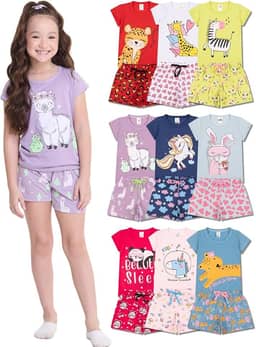 Kit Sortido 8 Peças Pijama Curto Infantil Menina - 4 Pijama Infantil Feminino Algodão