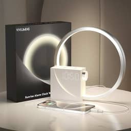 Vivilumens Despertador digital Sunrise, máquina de som de ruído branco, temporizador de auxílio ao sono com porta USB, visor digital regulável, soneca, 10 toques para pessoas com sono pesado, presente