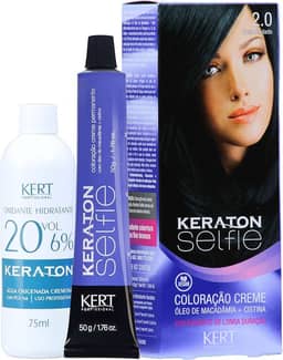 Coloração permanente em creme para cabelos, Com cistina e óleo de macadâmia, Selfie, 50g, Keraton, Nº 2.0 Preto Azulado