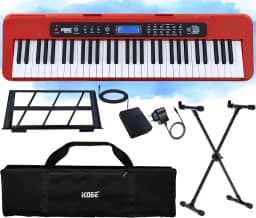 Kit Teclado Musical Estudante Kobe KB-300 RD 5/8 Iniciante 61 Teclas com Sensibilidade ao Toque com Pedal Sustain, Capa e Suporte