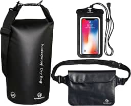 Freegrace Conjunto de 3 sacos secos à prova d'água com 2 selos com zíper e alça de ombro destacável, bolsa de cintura e capa de telefone - pode ser submersa na água - para nadar (preto, 5L)