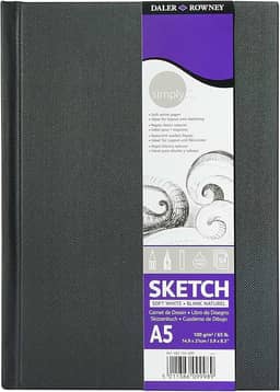 Daler-Rowney Simply Medium Grain 100gsm Hardback A5 Sketchbook, branco macio, 54 folhas, bloco de desenho básico, ideal para artistas iniciantes e amadores