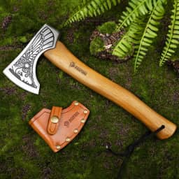 NedFoss Machado De 13" - Machado De Acampamento Bushcraft Feito À Mão Com Padrão Valquíria, Estilo Viking Barbudo, Lâmina De Aço 1055 De Alto Carbono, Cabo De Madeira De Faia E Bainha De Couro