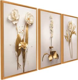 Quadro Decorativo 3 Peças Dourado Floral Branco Ouro Gold Sala Quarto Fácil Fixação com Fita Dupla Face
