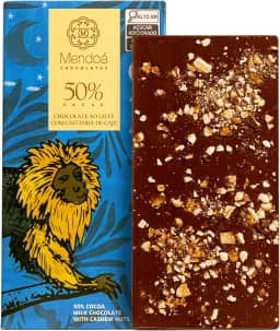 Mendoá, Barra de chocolate premium 50% de cacau ao leite com castanha de caju, Brasilis, 80 gramas
