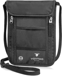 Carteira de pescoço confortável ultrafina e porta-passaporte – Bolsa de viagem estilosa com proteção RFID para homens e mulheres, Preto, V