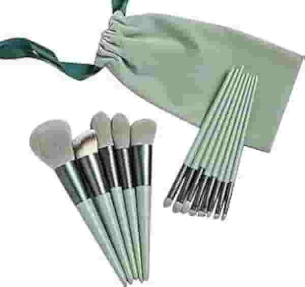 Kit de Pincéis de Maquiagem Profissional 13 Peças Cerdas Sintéticas Macias Cabos ergométrico Estojo Organizador Pincéis para Rosto e Olhos Completo (Verde)