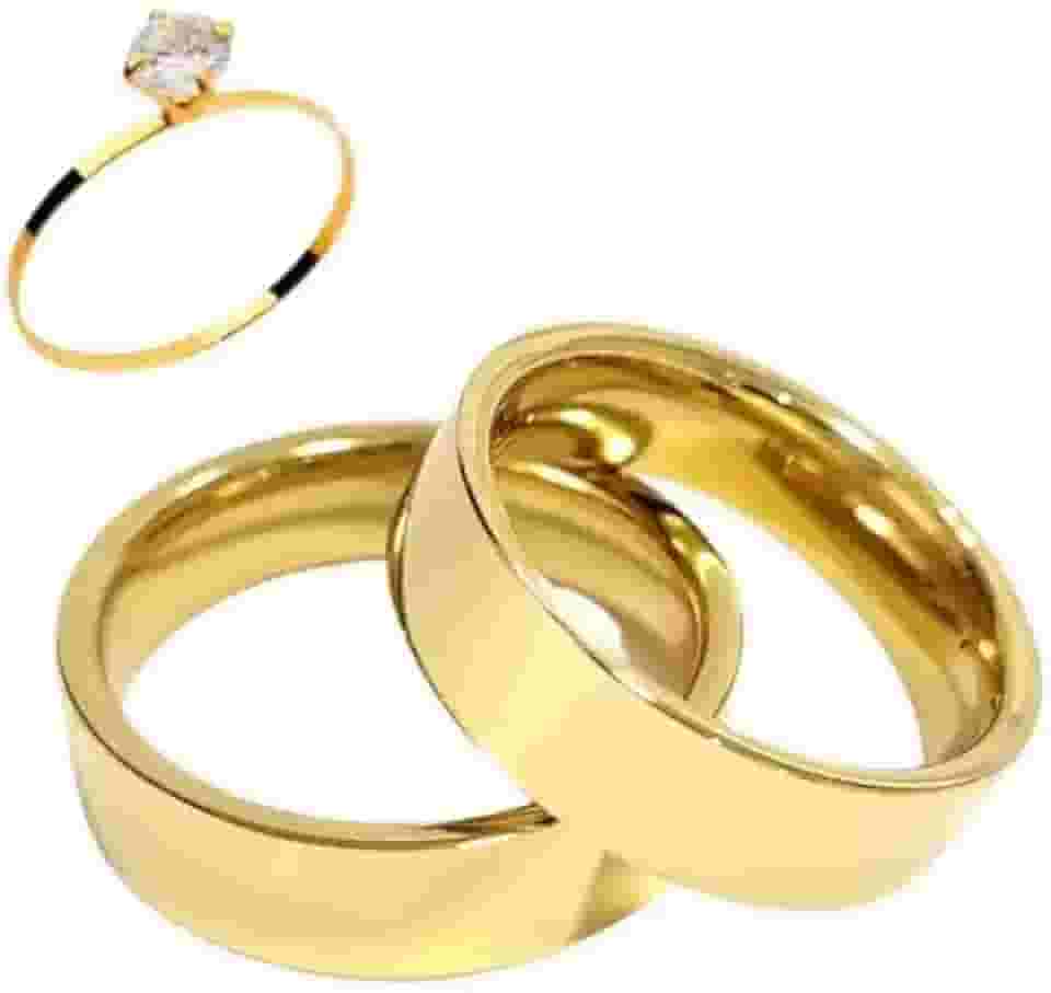 Aliança Par Italiana Ouro Banhada Reta Anatômica com Anel Solitário com Zirconia e Caixa de Veludo Casamento Noivado Namoro