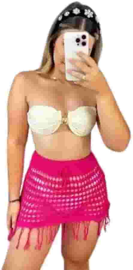 Saia Saída de Praia Banho Curta de Tricot Ponto Crochê com Franja e Cordão Piscina Moda Verão