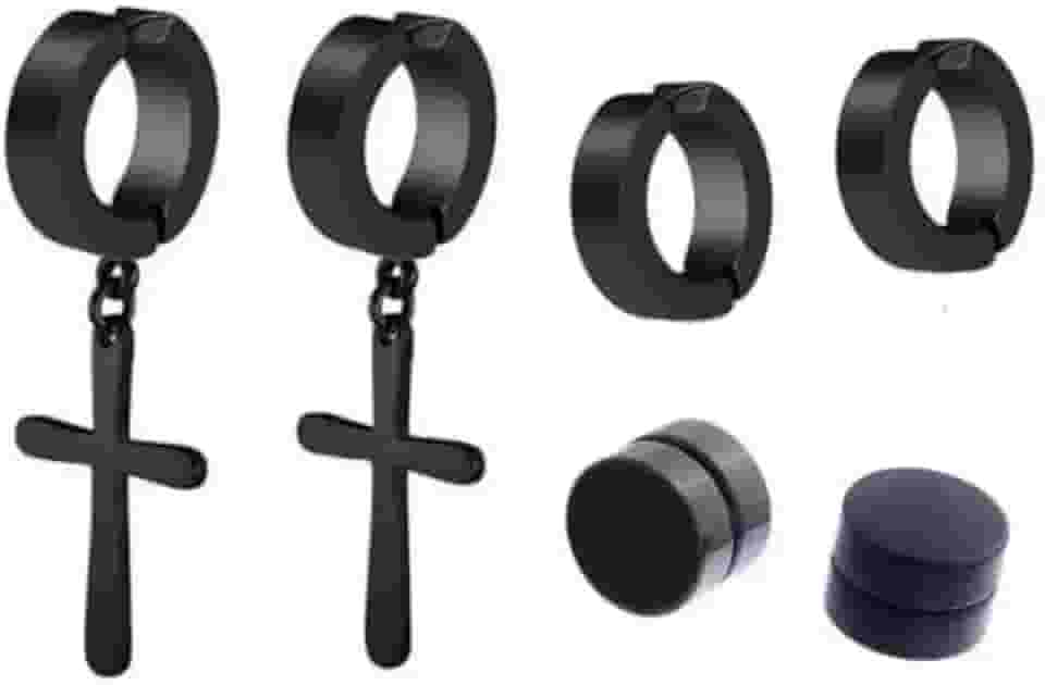 Brinco Masculino Argola Cruz Pressão Kit Com 3 Pares Bts