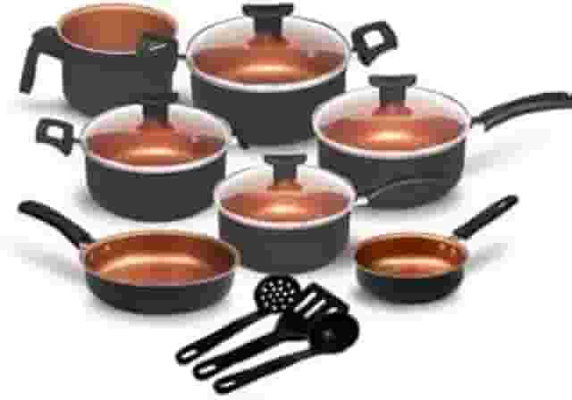 Conjunto de Panelas Antiaderente com Tampa de Vidro, 9 Peças, Revestimento Teflon, Cor Cobre, Utensílios em Nylon, Frigideiras e Caçarolas