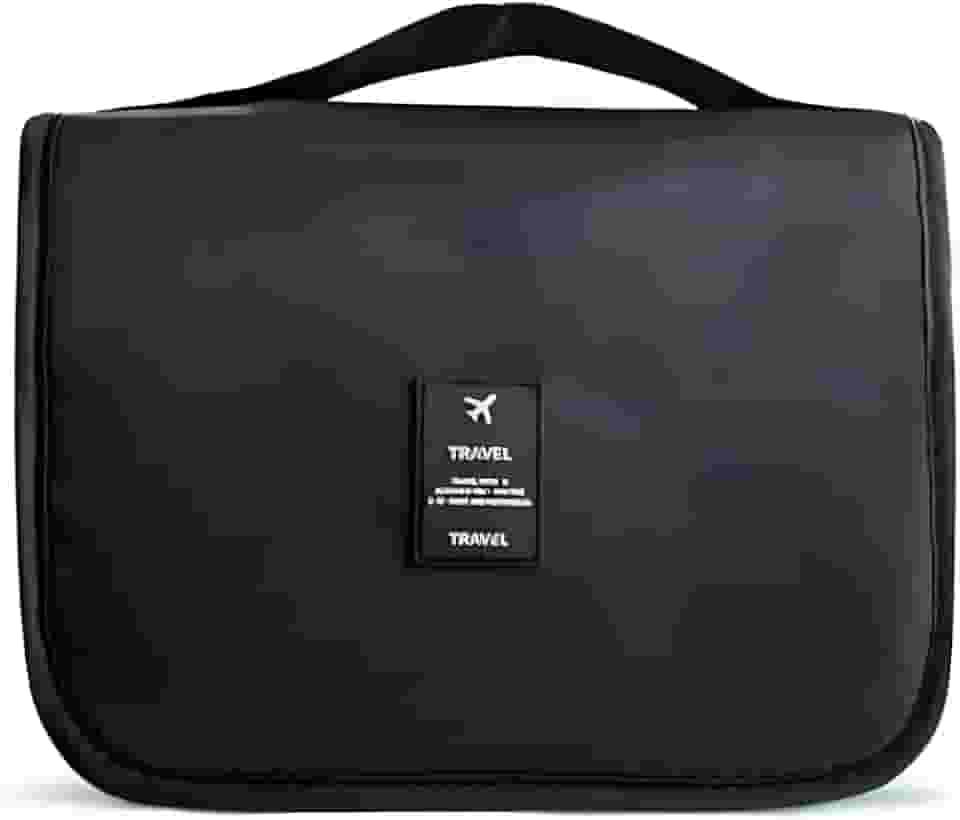 Nécessaire Organizadora de Viagem com Gancho – Bolsa Dobrável Impermeável com Divisórias para Higiene Pessoal, Maquiagem, Cosméticos – Unissex Compacta (PRETA)