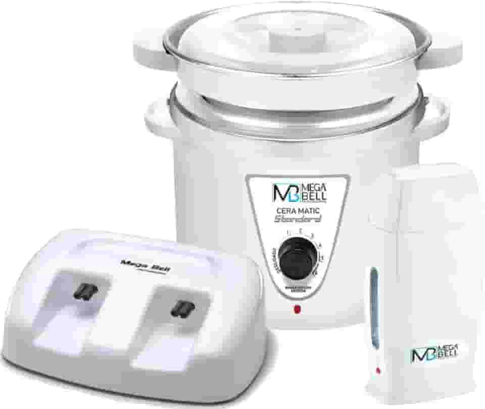 Termocera Panela Depilação 900g c/Refil + Base Dupla c/ 1 Rollon Toda Branca Mega Bell