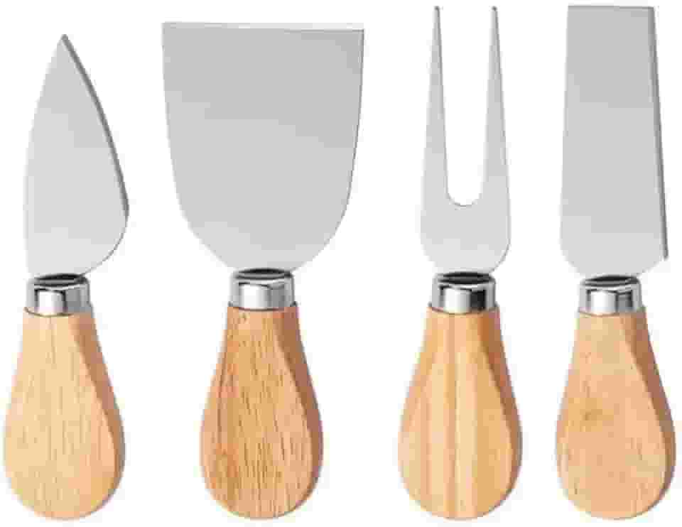Kit Para Queijo 4 Peças em Aço Inox com Cabo de Bambu – Faca, Garfo e Espátulas para Cortar e Servir Queijos Frescos, Moles e Duros – Conjunto Gourmet para Vinhos, Petiscos e Tábuas de Frios
