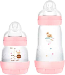 MAM Baby Kit 2 Mamadeiras Easy Start Starter Set Anticólica e Menos Bolhas de Ar, para Crianças 0+ Meses Autoesterilizável e com Bico de Silicone Skinsoft, Rosa