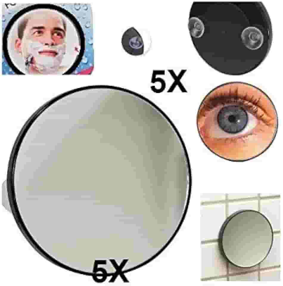 ESPELHO DE AUMENTO 5X ANTI EMBACANTE COM 2 VENTOSAS PARA BANHEIRO, MAQUIAGEM E SOMBRANCELHA