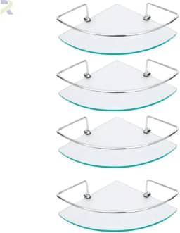 Kit Prateleira de Canto para Banheiro, Vidro Incolor 6mm com Suporte de Alumínio, 29x20cm, 4 Unidades