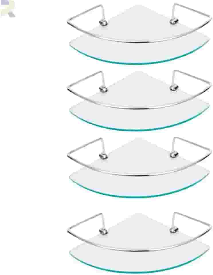 Kit Prateleira de Canto para Banheiro, Vidro Incolor 6mm com Suporte de Alumínio, 29x20cm, 4 Unidades