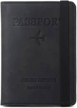 Carteira Porta Passaporte de Viagem com Elástico PU Couro, Compartimentos para Cartões e Passaporte Organizador de Documentos (Preto)