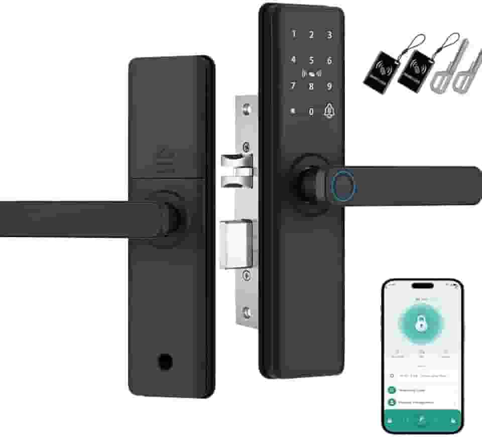 Fechadura Digital Biométrica 5 em 1, Tuya Fechadura Eletronica, Tela Touch Screen, Abertura por Biometria, Senha, Cartão IC, Chave e APP,Adequado Para A Maioria Das Portas (preto)
