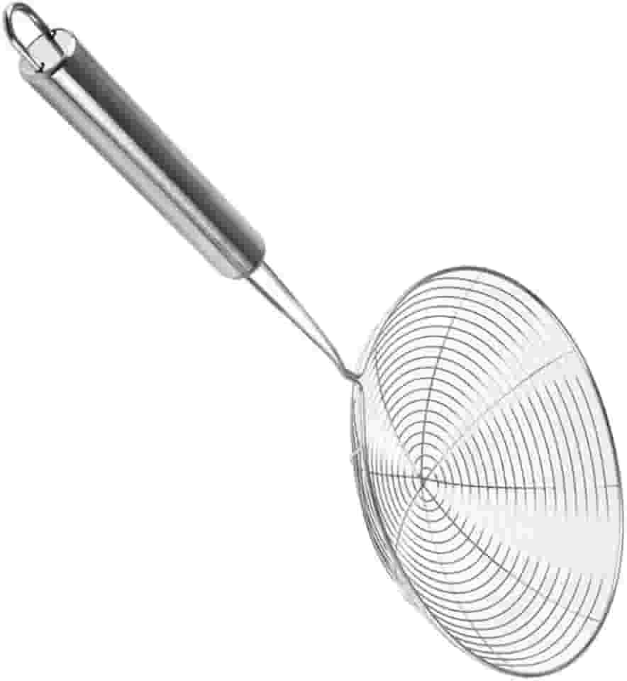 Peneira Escumadeira Grande em Aço Inox para Fritura de Batatas, Pastéis, 34x11 cm, Cabo Ergonômico