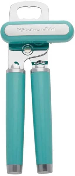 KitchenAid Abridor de latas multifuncional clássico e abridor de garrafas, fácil de usar, roda de corte de aço inoxidável afiada, alças ergonômicas macias, Aqua Sky
