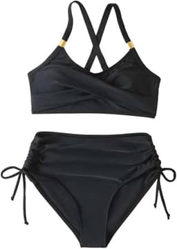 Conjunto de biquíni feminino cruzado com cordões, frente única, frente única, cintura média