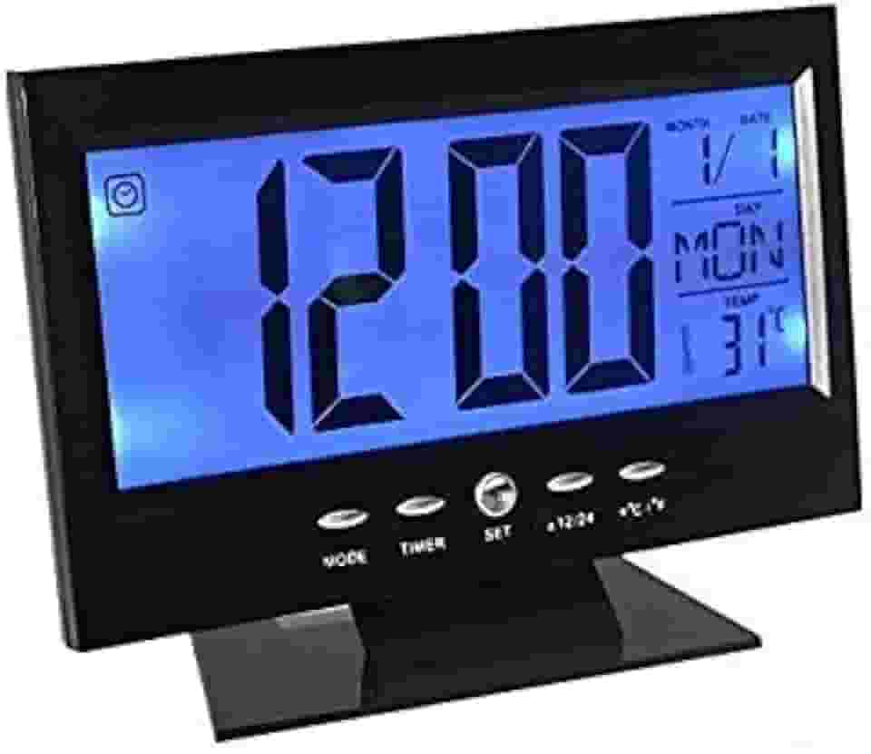 Relógio de mesa digital lcd led acionamento sonoro despertador termometro PRETO CBRN01422 - Commerce Brasil
