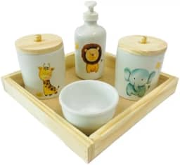 Kit Higiene Bebê Safari Porcelana c/bandeja quadrada lisa - sem garrafa