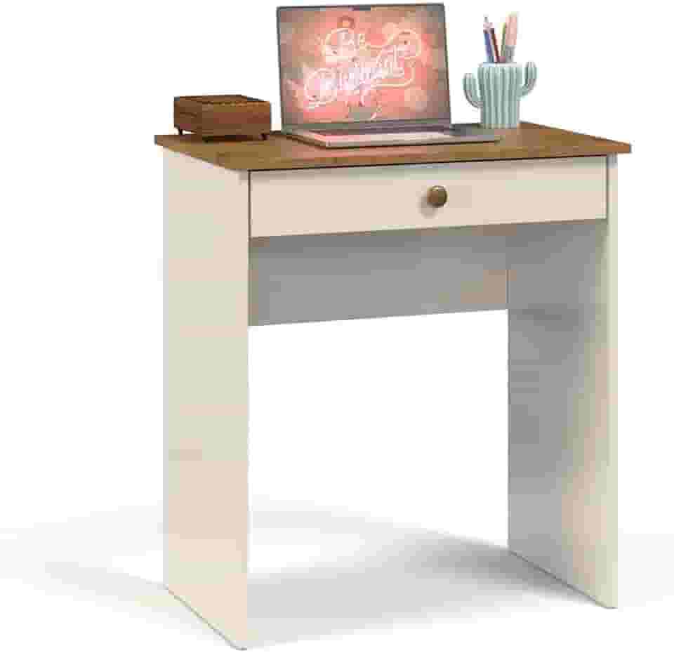 Escrivaninha Compacta para Estudos e Notebook Office Estilo com 1 Gaveta Corrediça Metálica (Off White/Freijo)