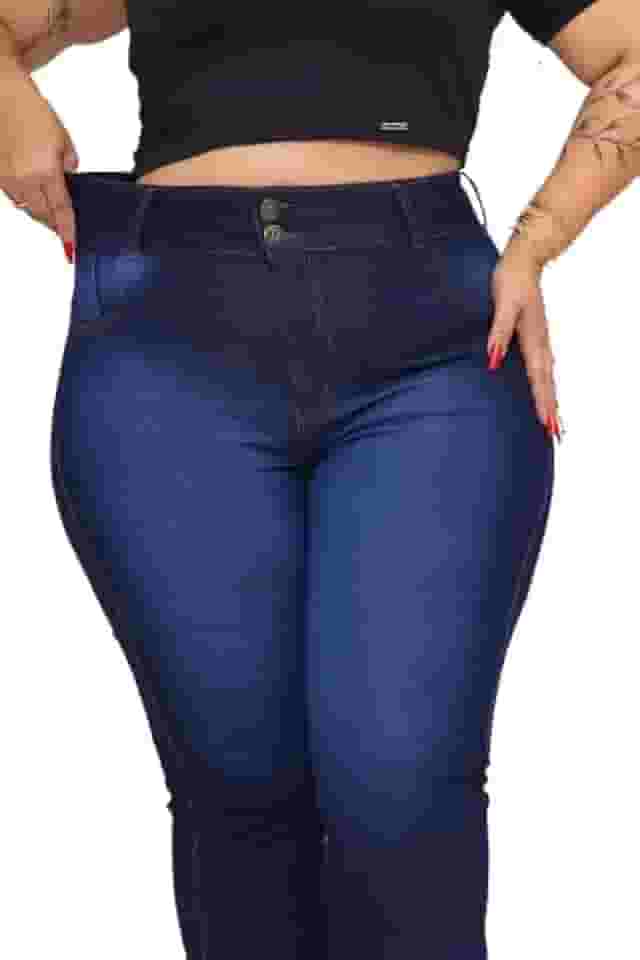 Calça Jeans Feminina Plus Size Flare Cintura Alta Com Lycra Azul Escuro