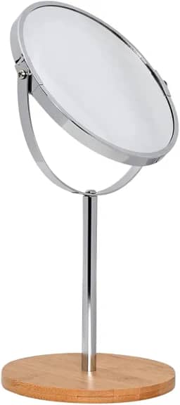 Mimo Style Espelho de Aumento Inox com Base Em Bambu Ecológico, Dupla Face 360º Rotativo, Lado Normal e Outro Com Ampliação em 5X. Acabamento em Aço Inoxidável e Bambu de Qualidade e Elegante