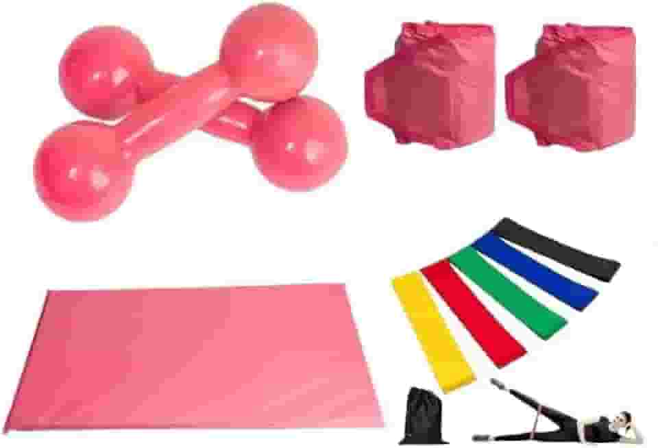 Conjunto de Halteres e Caneleiras Rosa: Halteres 2 kg, Caneleiras 2 kg, Colchonete, 5 Elásticos Multifuncionais Coloridos