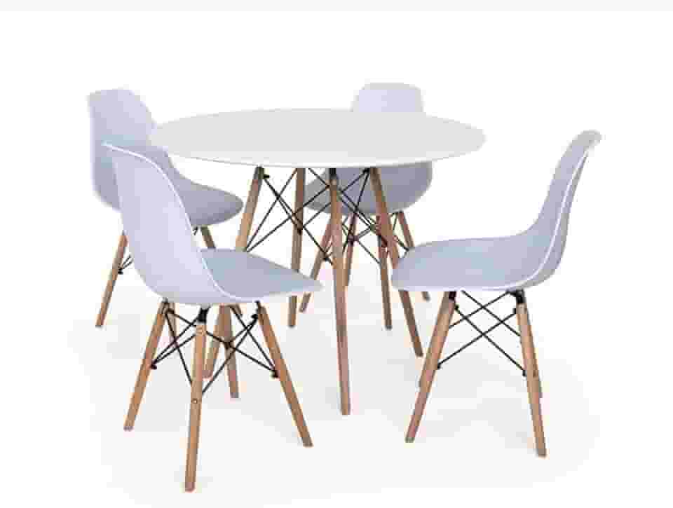Mesa de Jantar Redonda Eiffel 90cm com 4 Cadeiras Charles Eames, Design Moderno, Base em Madeira, para Cozinha e Sala de Jantar (Mesa Branca/Cadeiras Brancas)